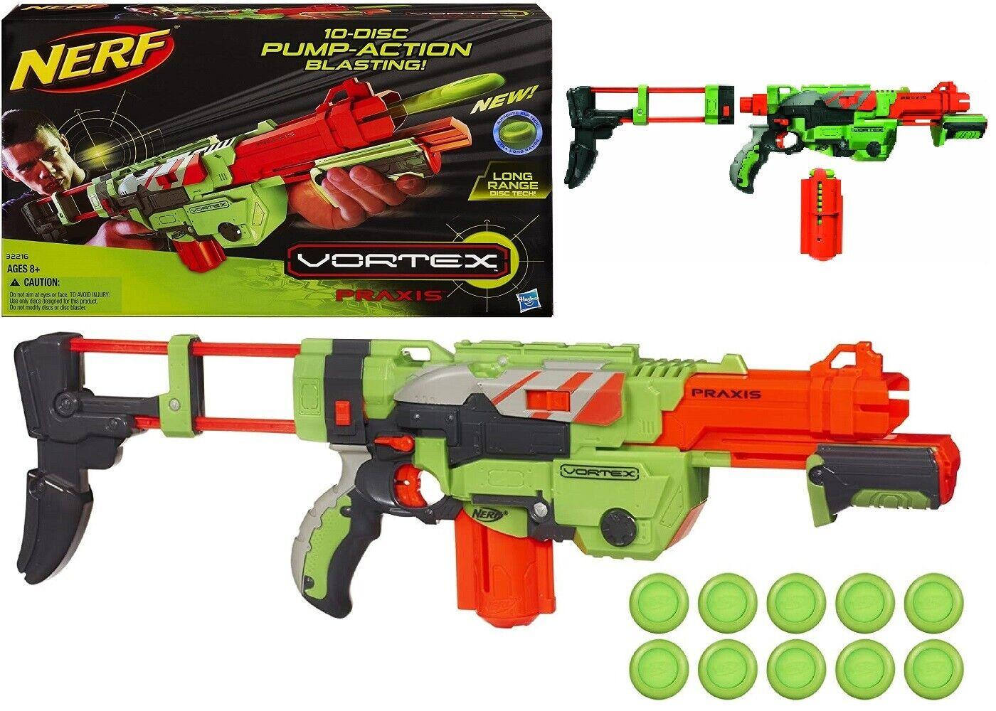 NERF Vortex Praxix With 10 Discs Ages 8+ Toy Blaster Gun Disc Fire Play Rail Fun