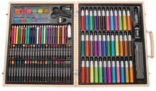 Crayons Markers Color Pencils Darice Portable 131 Pieces Art Wooden Box 6+ Years
