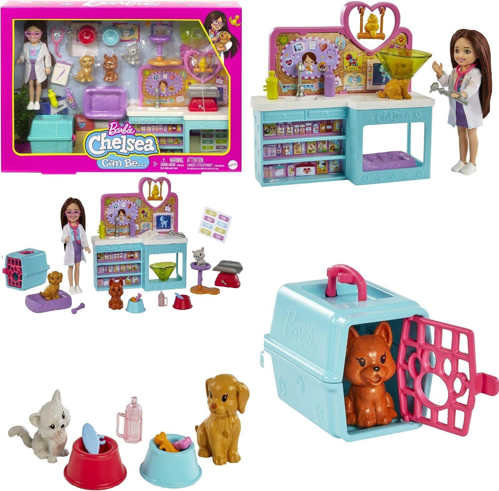 Barbie Chelsea Doll and Accessories Pet Vet Playset Doll 4 Animals 18 Pieces Fun