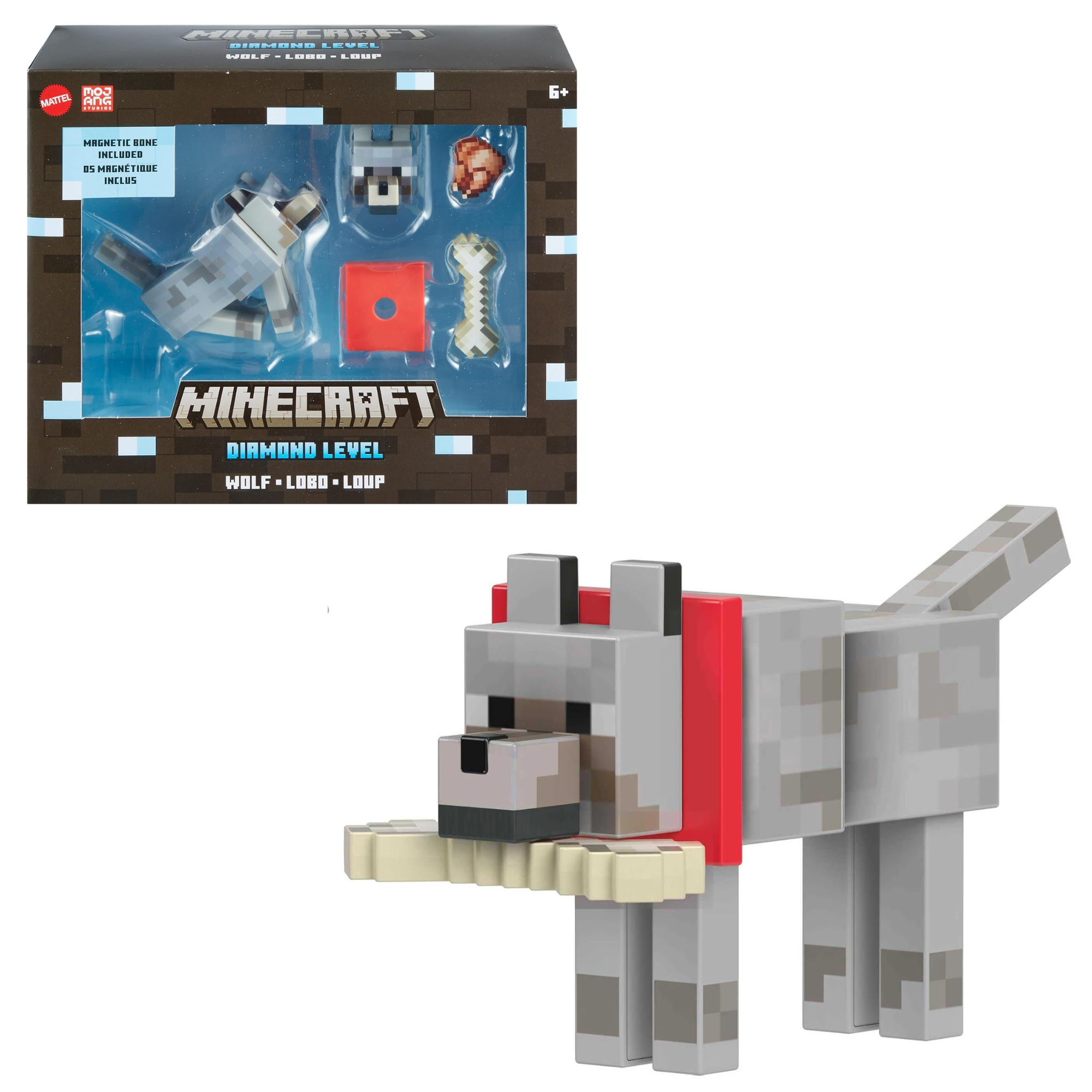 Mattel Minecraft Diamond Wolf Action Figure Magnetic Bone Collectible 5.5-inch