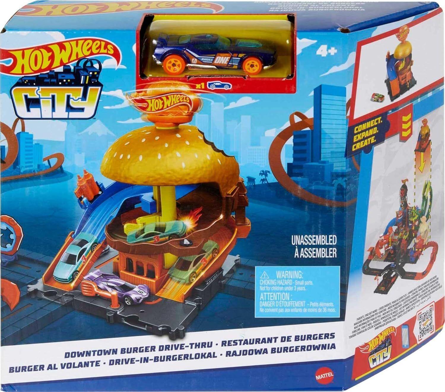 Hot Wheels City Downtown Track Set City Burger Blitz Car Wash Burger Play