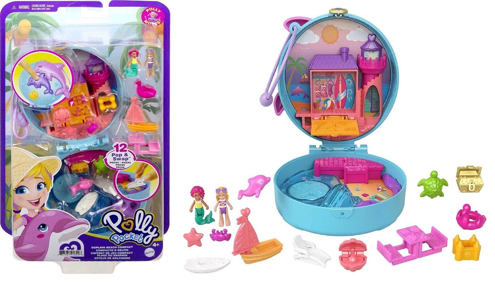 Polly Pocket-Dolphin Beach- World Pop and Swap Feature 5 Reveals & Related Accessories 4+ Toy