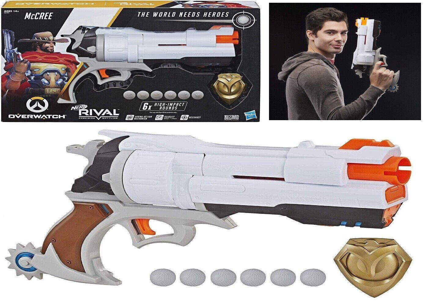 Nerf Rival Overwatch McCree Blaster Die Cast Badge 6 Rounds 14+ Toy Gun Fire