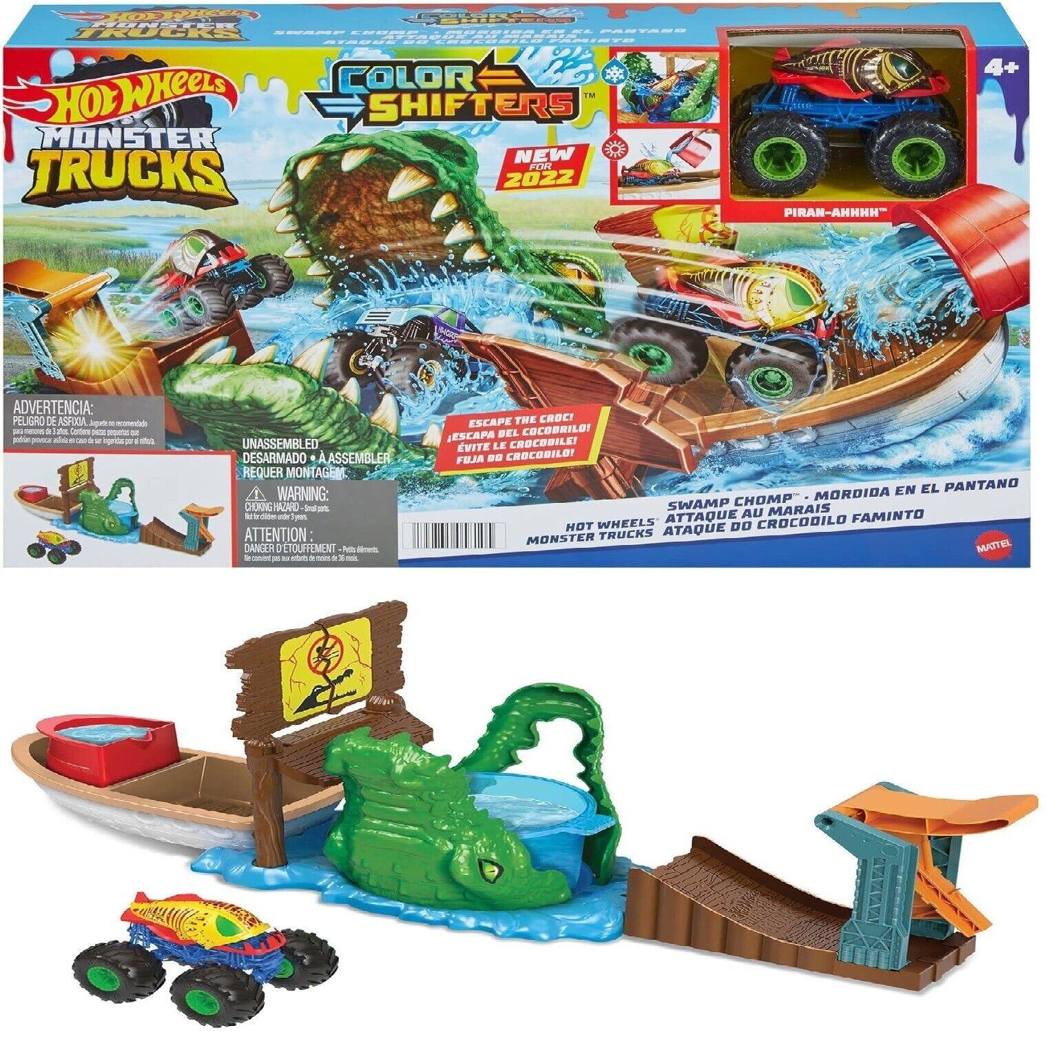 Hot Wheels Monster Trucks Swamp Chomp Playset Ages 4+ New Toy Race Car Track