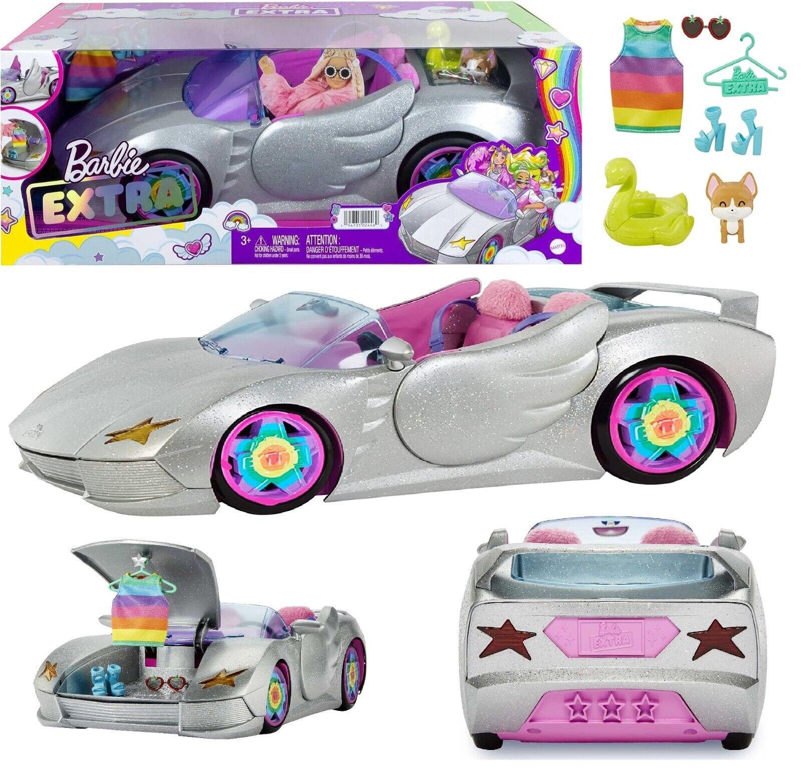 Barbie Car Extra Set Sparkly Silver 2-Seater Convertible with Puppy Accessories