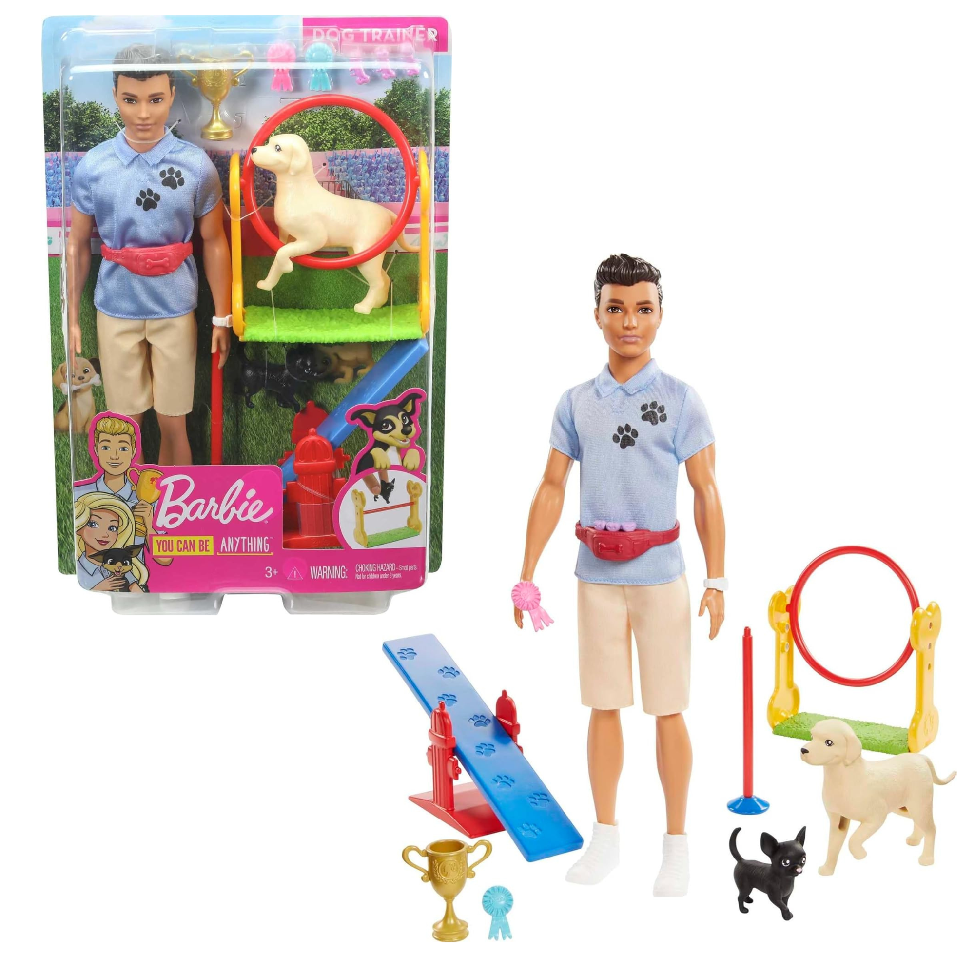Ken Dog Trainer Playset with Doll 2 Dog Figures Hoop Ring Balance Bar Trophy Toy