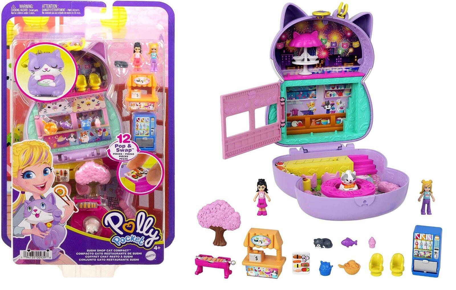 Polly Pocket-Sushi Shop Cat- World Pop and Swap Feature 5 Reveals & Related Accessories 4+ Toy