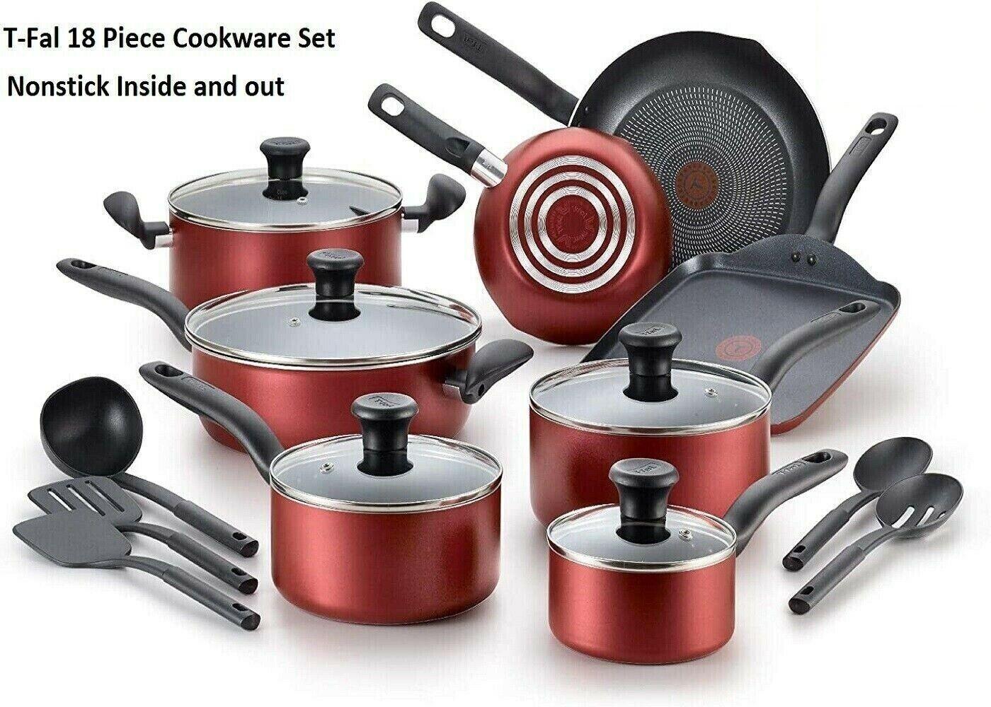 T-fal B165SI Nonstick Inside and Out 18 Piece Red Cookware Tfal Stockpot Spoon