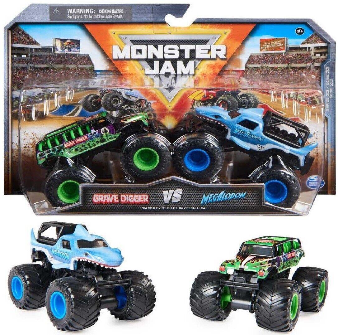 Monster Jam 2 Pack 1:64 Scale Trucks Ages 3+ New Toy GraveDigger Vs Megalodon