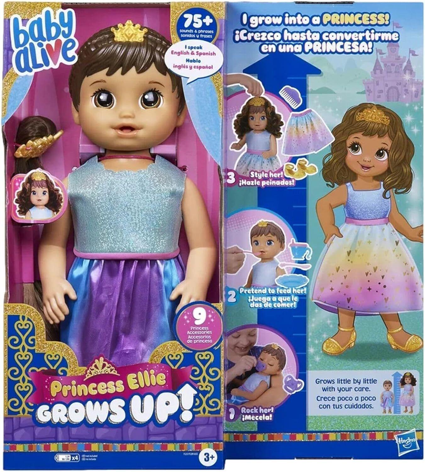Baby Alive Princess Ellie Brown Hair Grows Up Doll 18-Inch Growing Talking Baby Doll Play