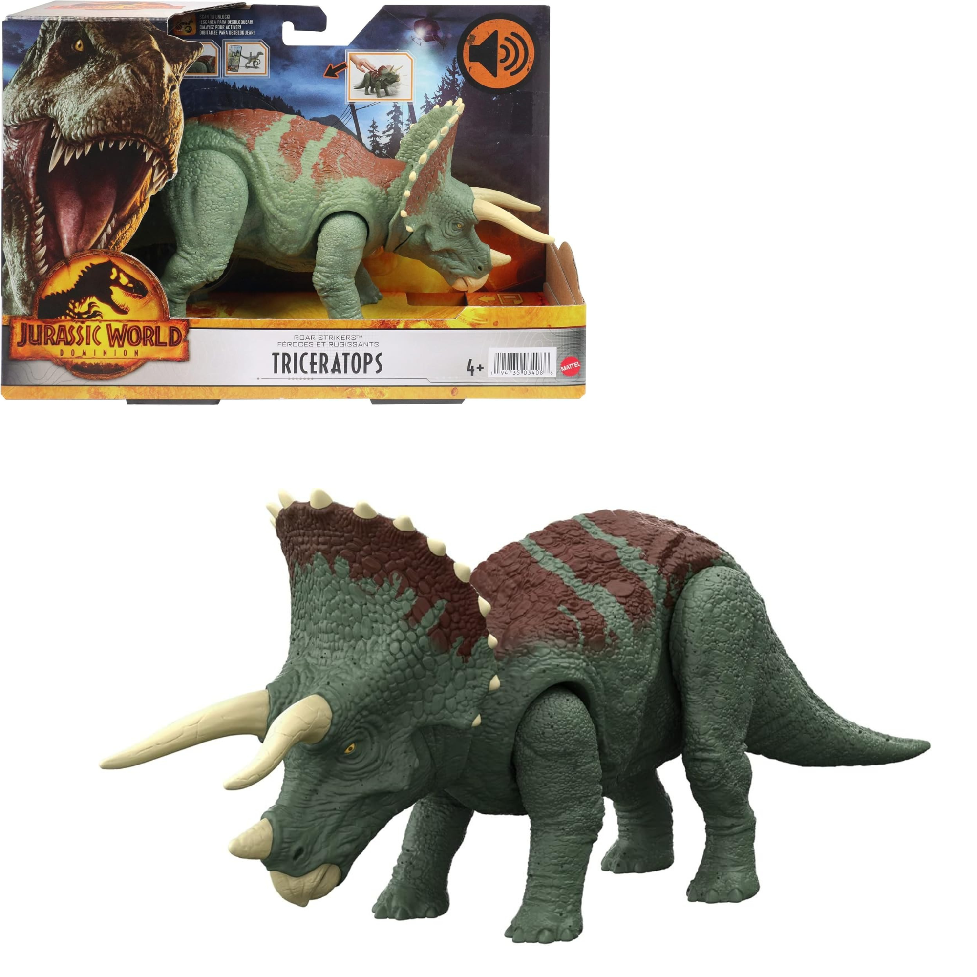 Jurassic World Roar Strikers Triceratops 1 Dinosaur Ages 4+ New Toy Sound and Attack Action