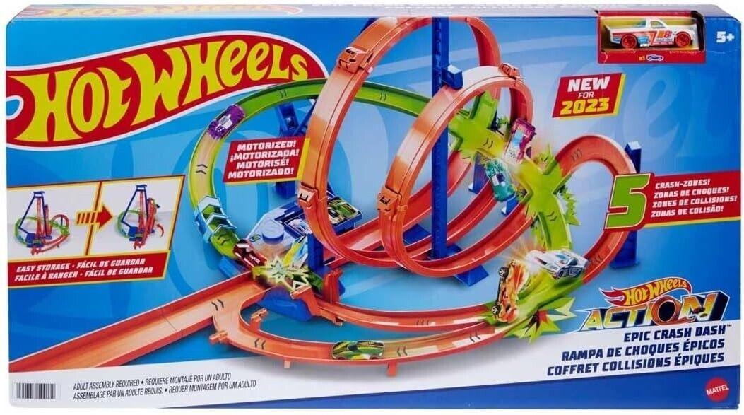Hot Wheels Track Set Epic Crash Dash with 5 Crash Zones Motorized Booster Play