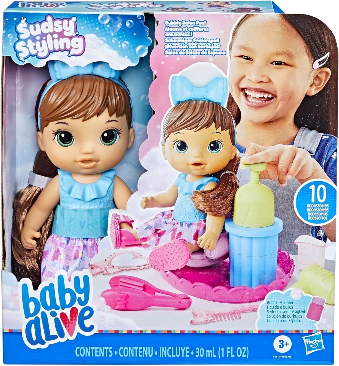 Baby Alive Sudsy Styling Doll 12-Inch New Toy Salon Chair Brown Hair Play
