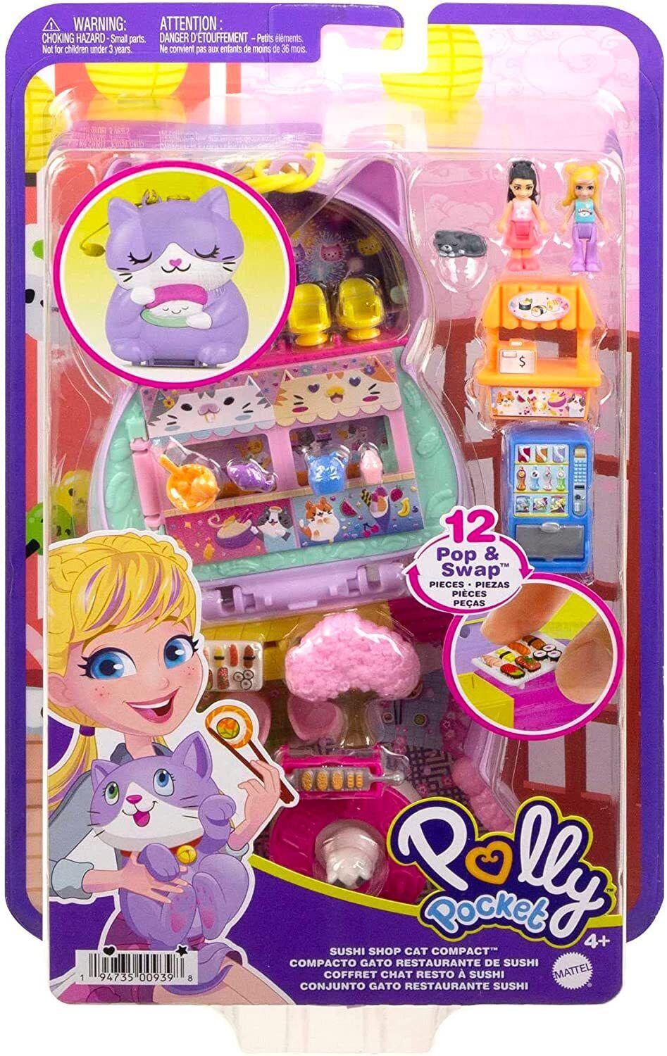 Polly Pocket-Sushi Shop Cat- World Pop and Swap Feature 5 Reveals & Related Accessories 4+ Toy