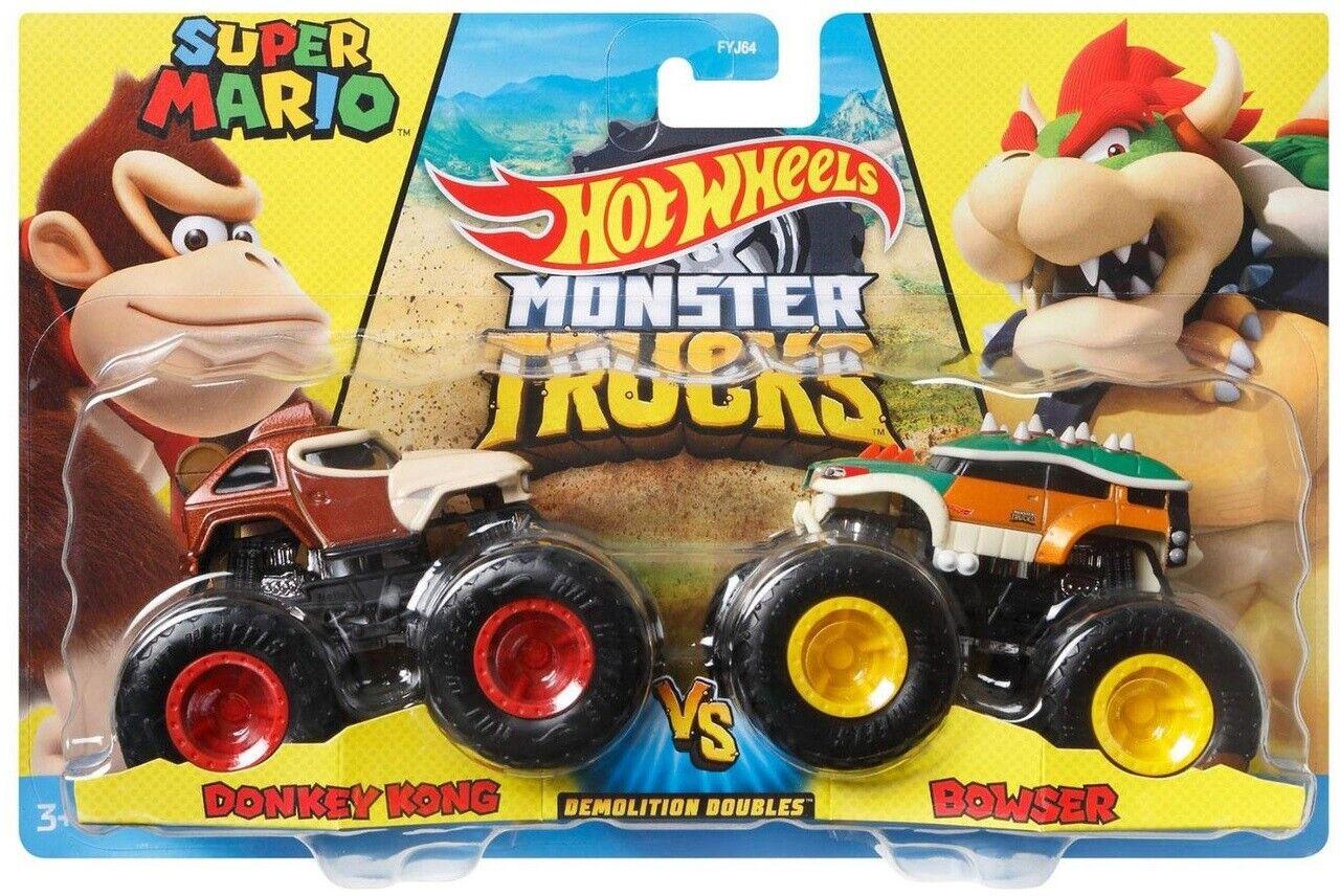 Hot Wheels Giant Wheels Monster Jam 2 Pack Truck 1:64 Toy Race Grave Digger Donky kong Vs Bowser Play