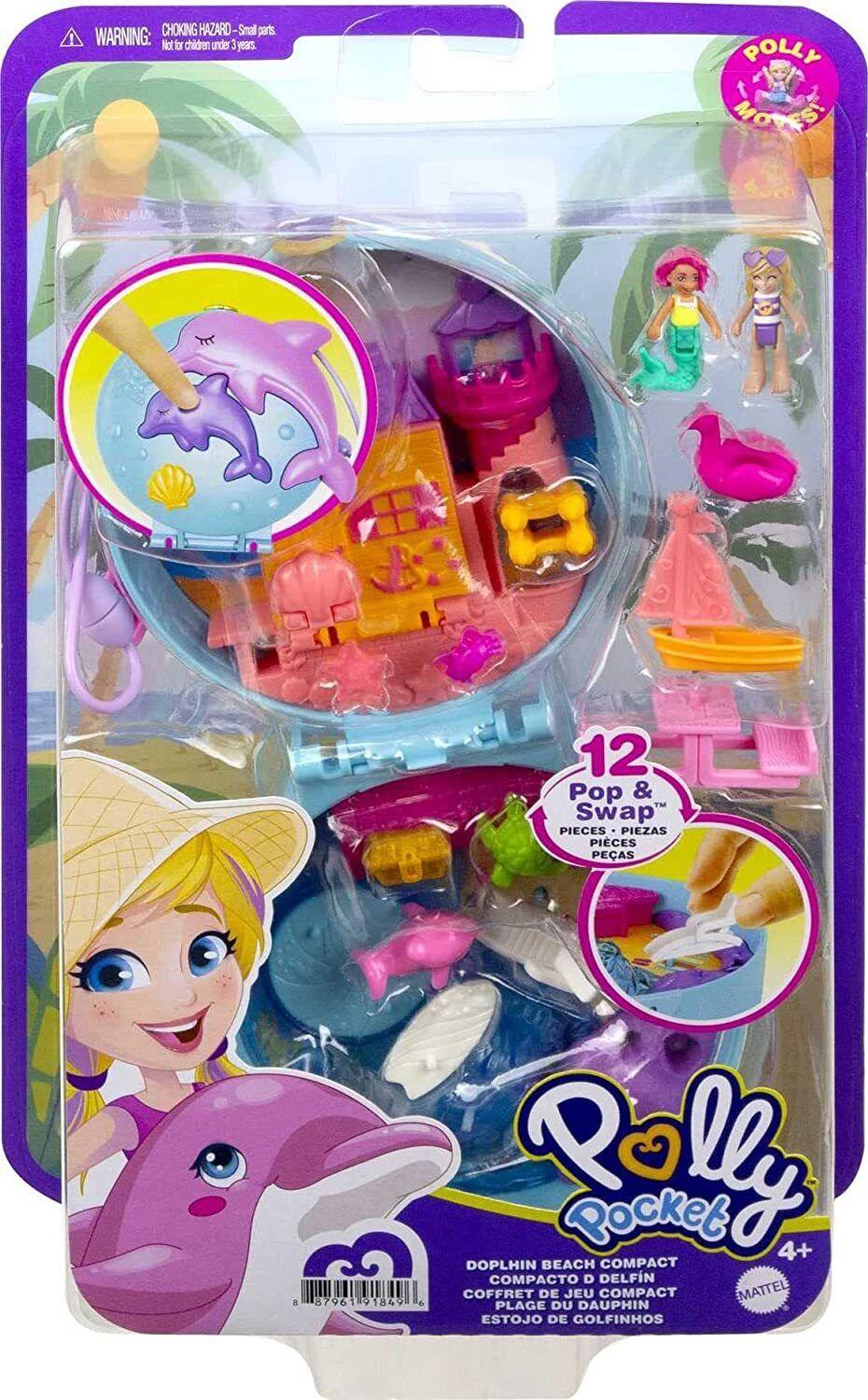 Polly Pocket-Dolphin Beach- World Pop and Swap Feature 5 Reveals & Related Accessories 4+ Toy