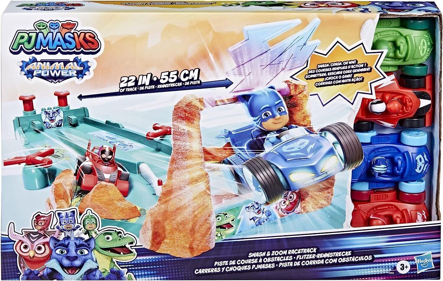 PJ Masks Animal Power Smash and Zoom Race Track Preschool Toy with 4 Cars Play