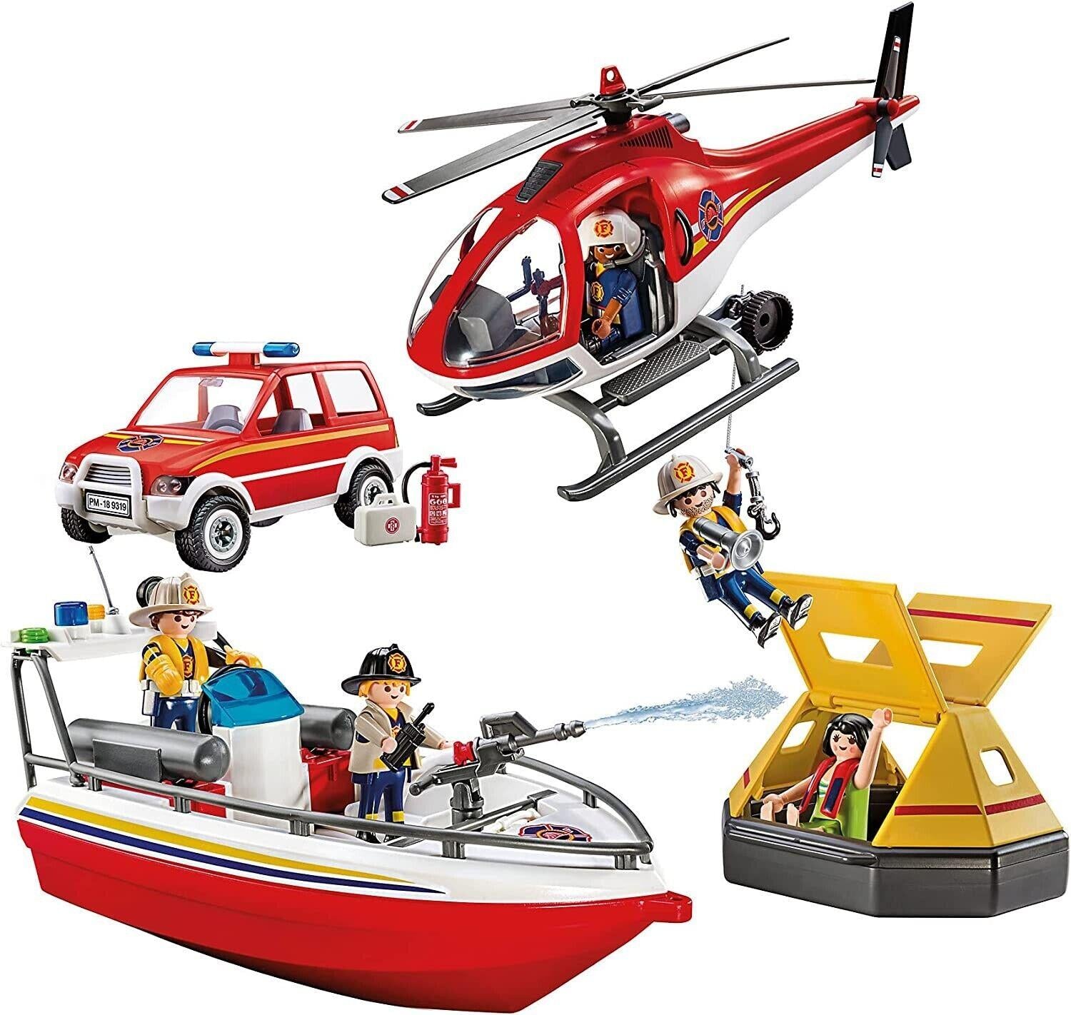 Playmobil City Action 9319 Fire and Rescue Set Boat Helicopter Car Water Hose