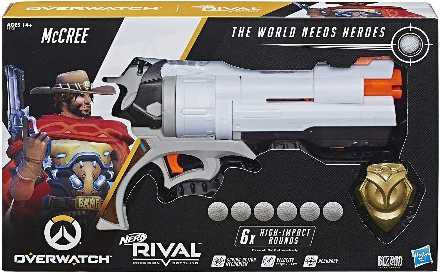 Nerf Rival Overwatch McCree Blaster Die Cast Badge 6 Rounds 14+ Toy Gun Fire