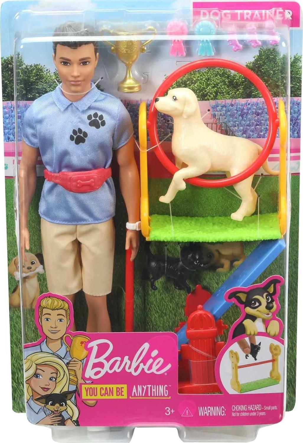 Ken Dog Trainer Playset with Doll 2 Dog Figures Hoop Ring Balance Bar Trophy Toy