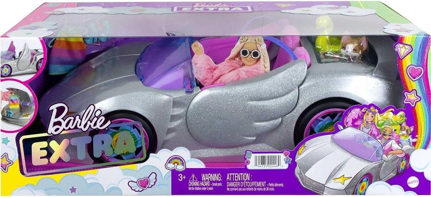 Barbie Car Extra Set Sparkly Silver 2-Seater Convertible with Puppy Accessories
