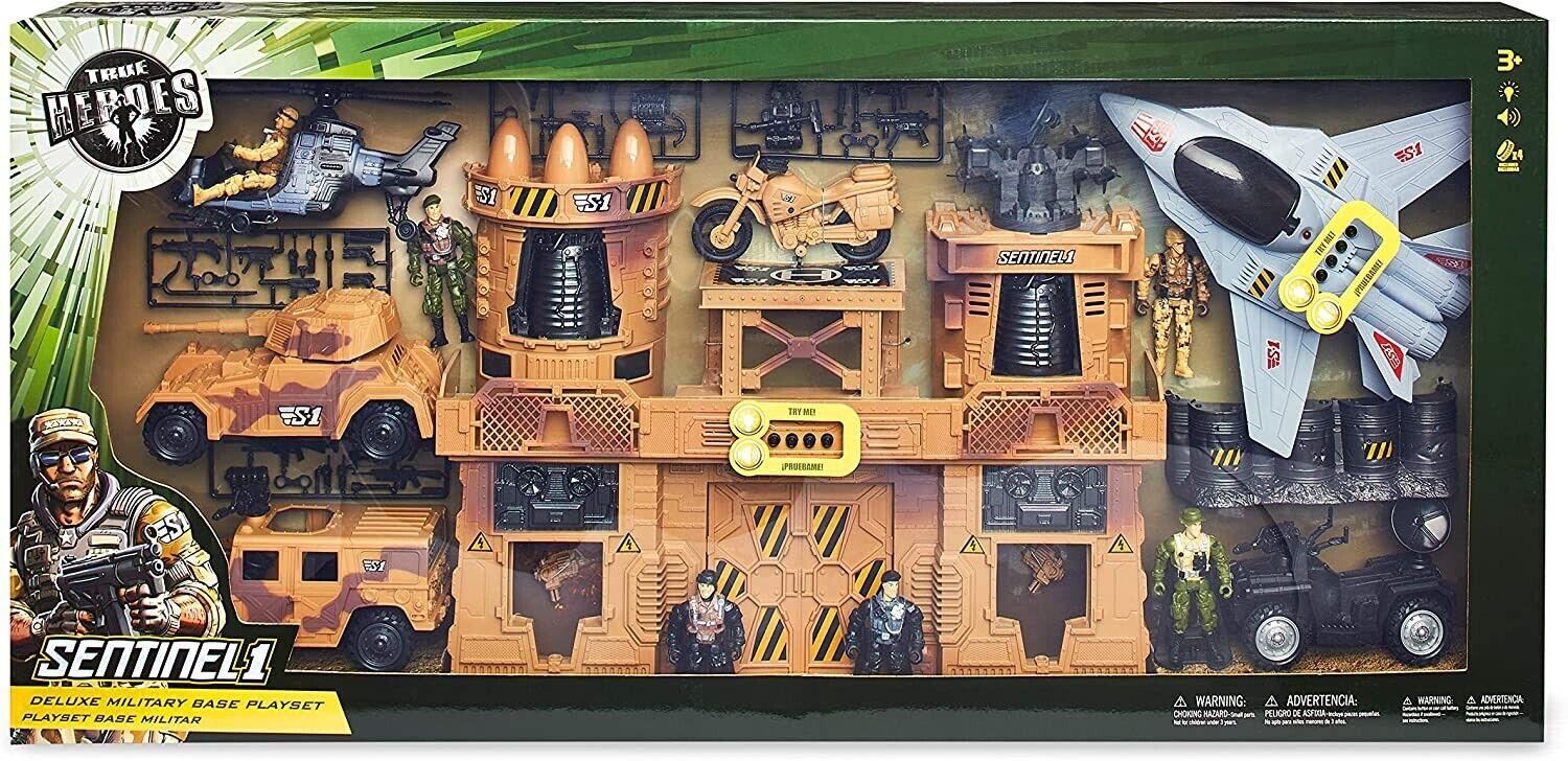 True Heroes Deluxe Military Base Playset Fighter Jet Helicopter Motorcycle Tank