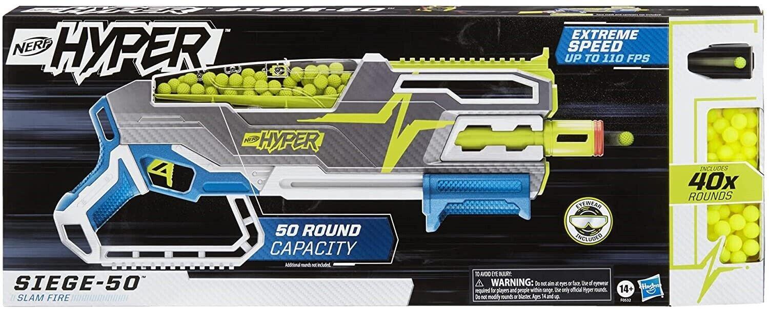 NERF Hyper Siege 50 Pump Action Blaster 40 Hyper Rounds with Eyewear Toy Gun