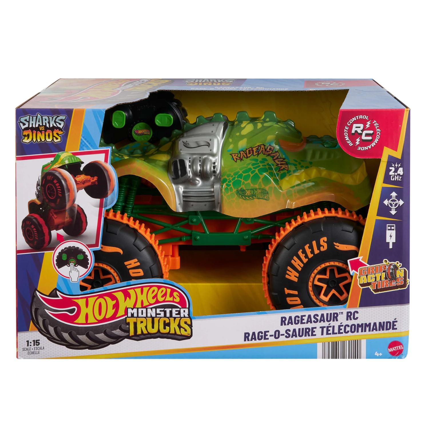 Hot Wheels Monster Truck RC 1:15 Sharks Vs Dinos Rageasaur New Toy