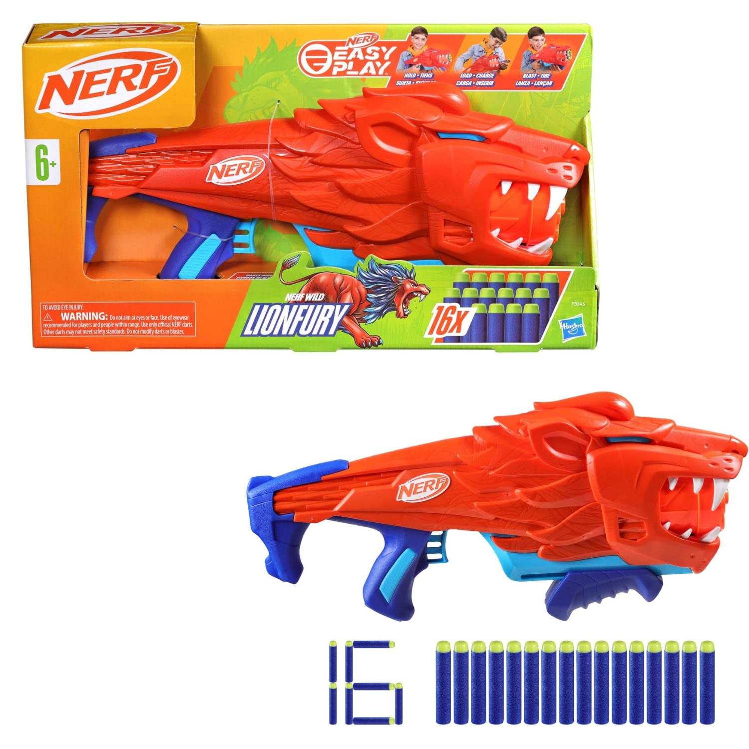 NERF Wild Lionfury Easy Play Dart Blaster Toy Gun Lightweight Kids 6+ Outdoor