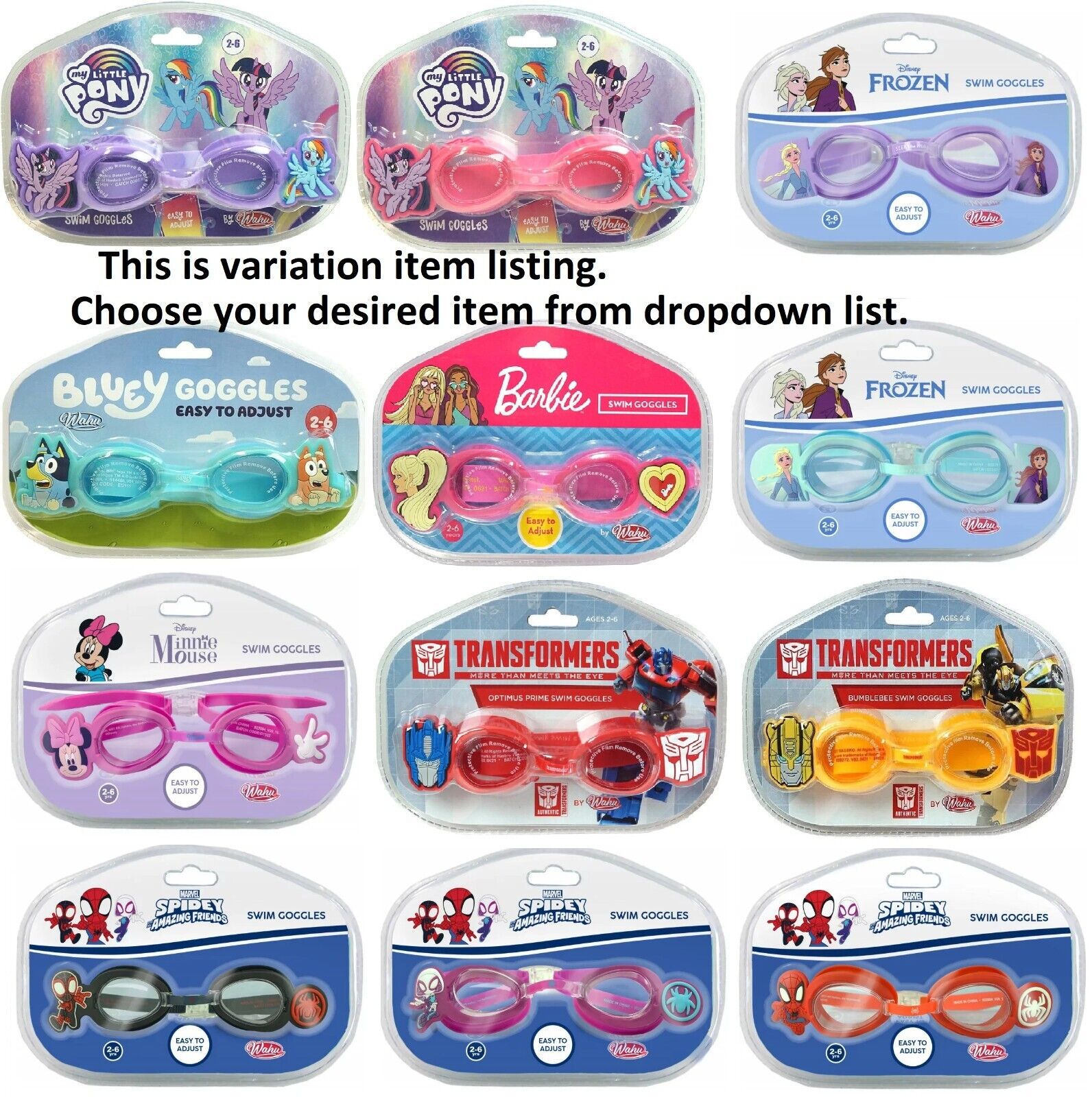 Wahu Swim Googles Transformers Frozen Mickey Mouse Little Pony Barbie Bluey
