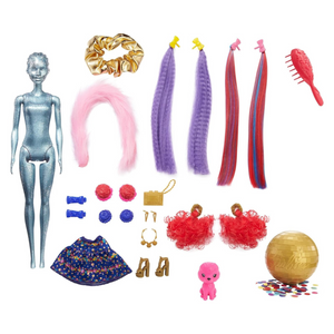 Barbie Color Reveal Glitter Hair Swaps Doll Playset with 25 Surprises for Kids