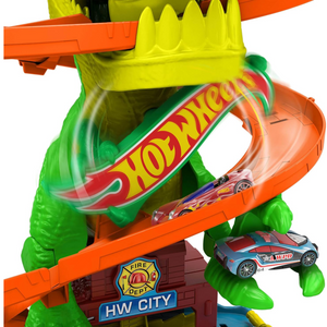 Hot Wheels City T-Rex Blaze Battle Car Track Set Dinosaur Spin Eyes 4 Plus