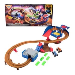 Monster Jam Supercharge Speedway Playset with Megalodon & El Toro Loco Trucks