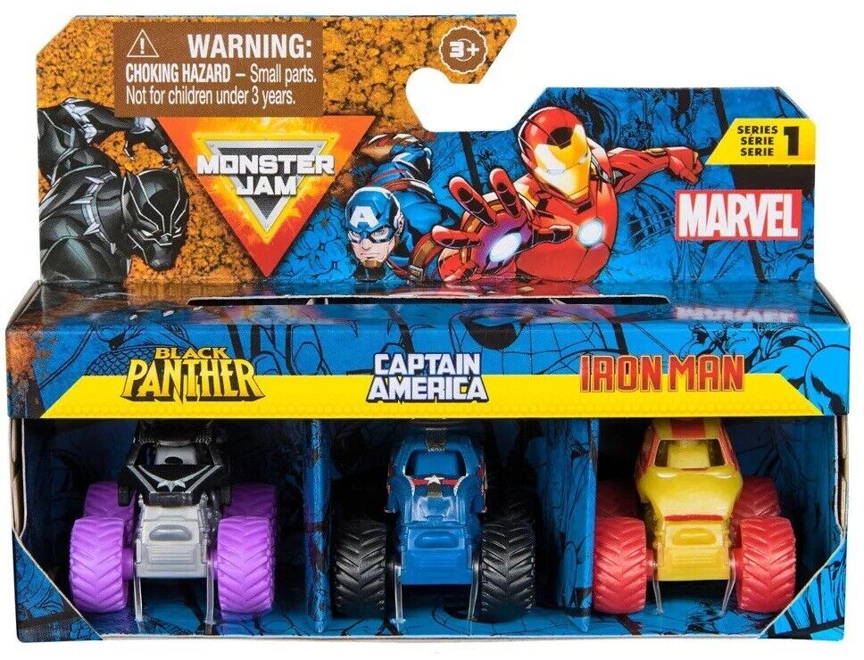 Monster Jam 1:87 Mini 3 Pack Marvel Black Panther Captain America & Iron Man