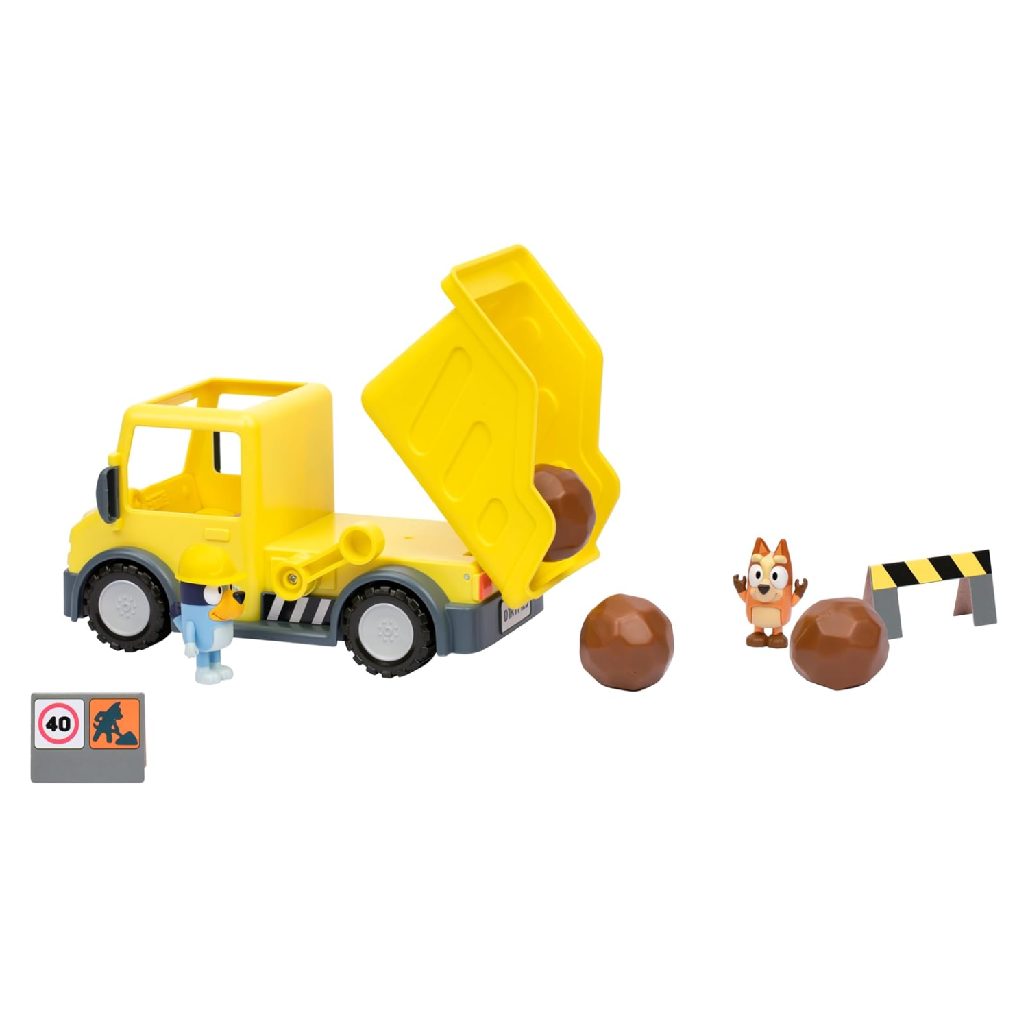 Bluey Dump Truck Toy Vehicle with Tilting Bed, Rocks, Hard-Hat Bluey Muddy 3+