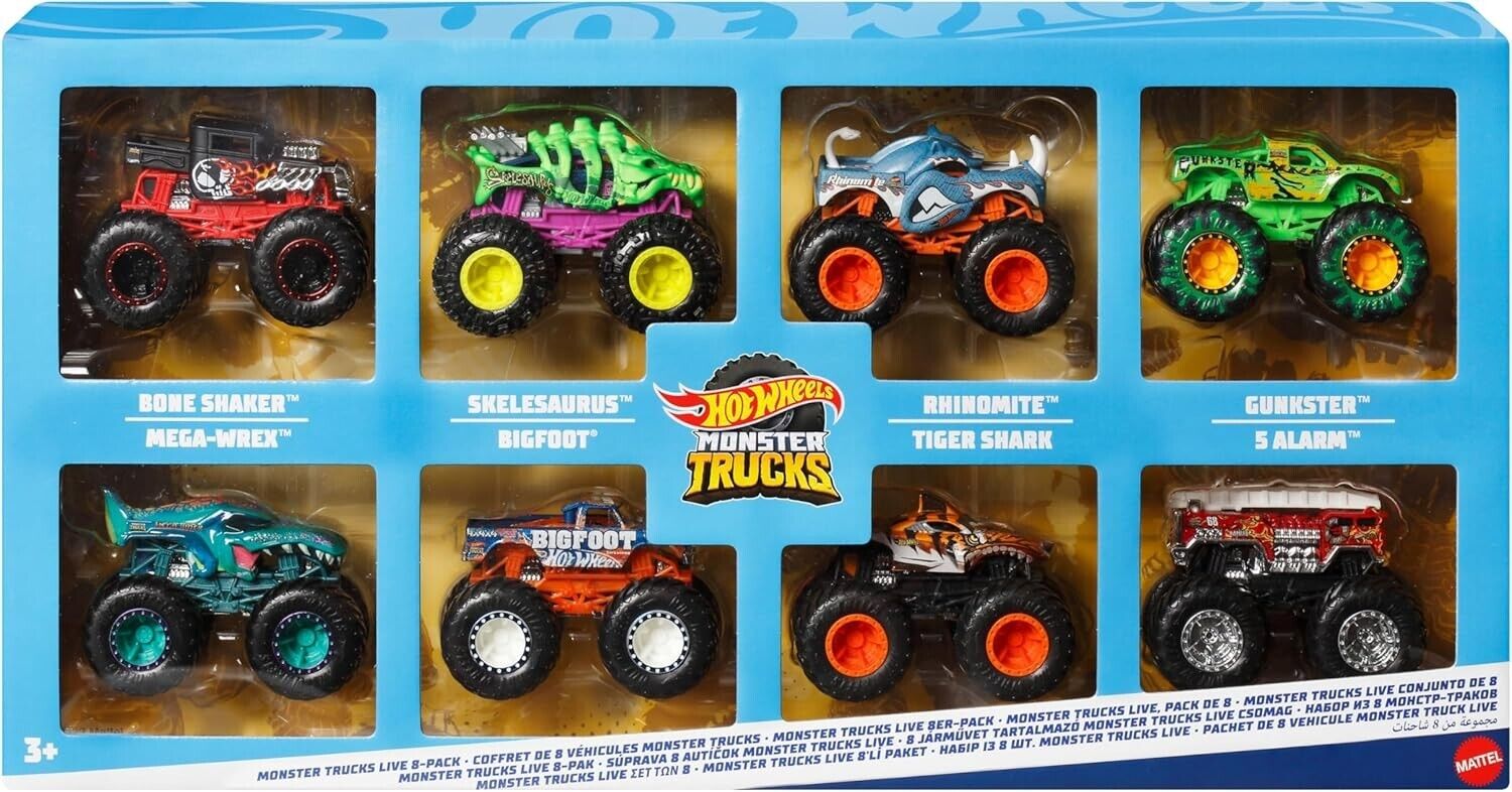 Hot Wheels Monster Trucks Set of 8 die-cast Toy Vehicles 1:64 Scale Race Play