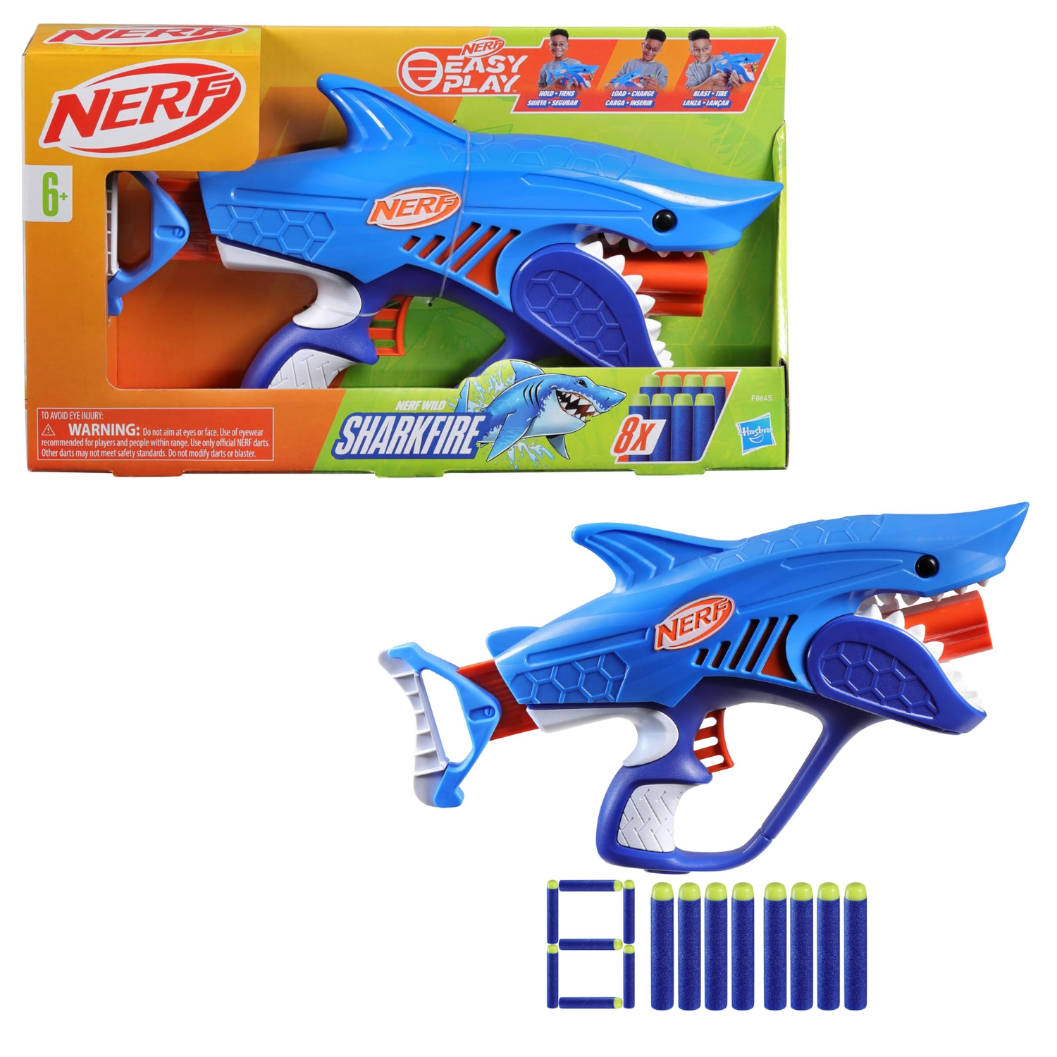 NERF Wild Sharkfire Easy Play Dart Blaster Toy Gun with 8 Darts Kids 6+ Outdoor