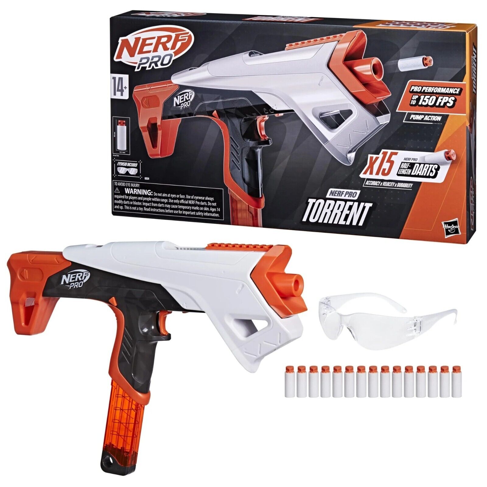 Nerf Pro Torrent Half-Length Blaster 15 Nerf Pro Half-Length Darts 150 FPS Pump