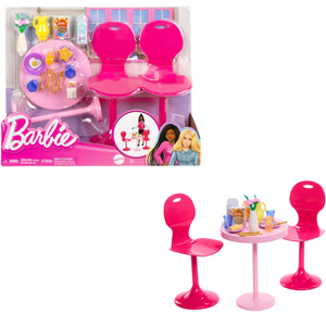 Barbie Breakfast Table Playset with Accessories Pink Table Chairs Kids Toy 3+