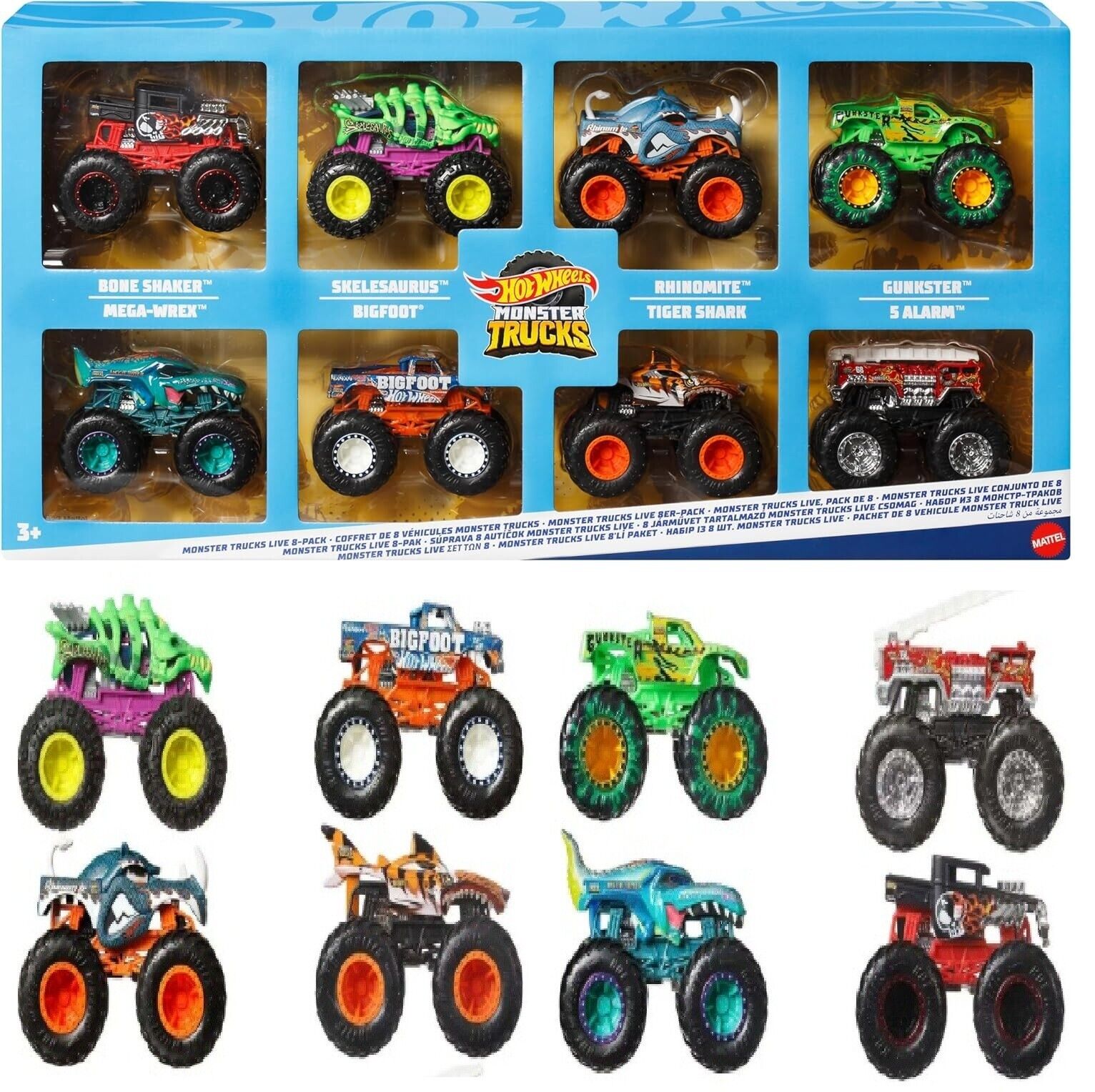 Hot Wheels Monster Trucks Set of 8 die-cast Toy Vehicles 1:64 Scale Race Play