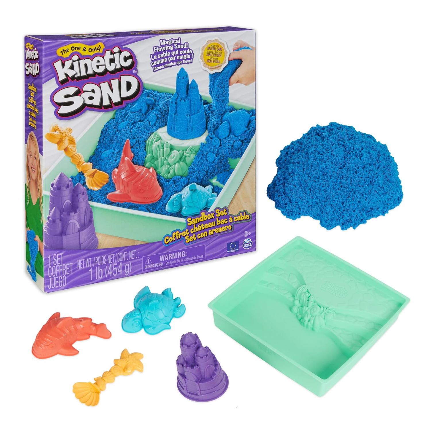 Kinetic Sand Blue Sandbox Set with 1lb Play Sand, 4 Molds Storage Tray for Kids
