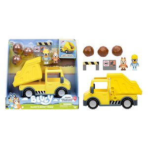 Bluey Dump Truck Toy Vehicle with Tilting Bed, Rocks, Hard-Hat Bluey Muddy 3+