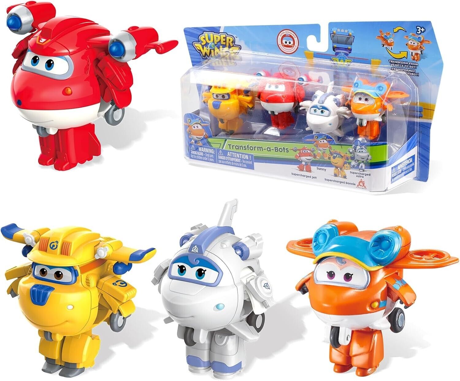 Super Wings 2" Transform-a-Bots 4-Pack Jett Donnie Astra Sunny Robot Plane Play