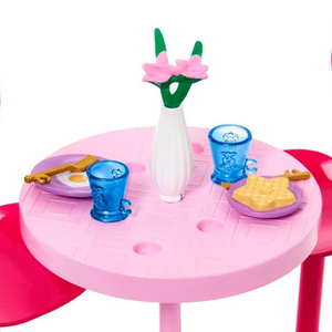 Barbie Breakfast Table Playset with Accessories Pink Table Chairs Kids Toy 3+