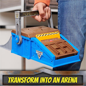 Monster Jam Mini Freestyle Flip Arena Playset and Storage with 2 Mini Trucks
