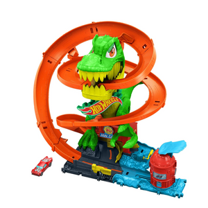 Hot Wheels City T-Rex Blaze Battle Car Track Set Dinosaur Spin Eyes 4 Plus