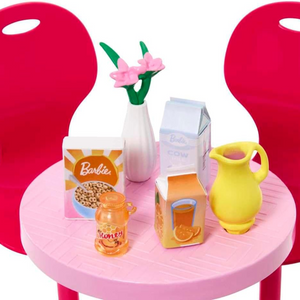 Barbie Breakfast Table Playset with Accessories Pink Table Chairs Kids Toy 3+