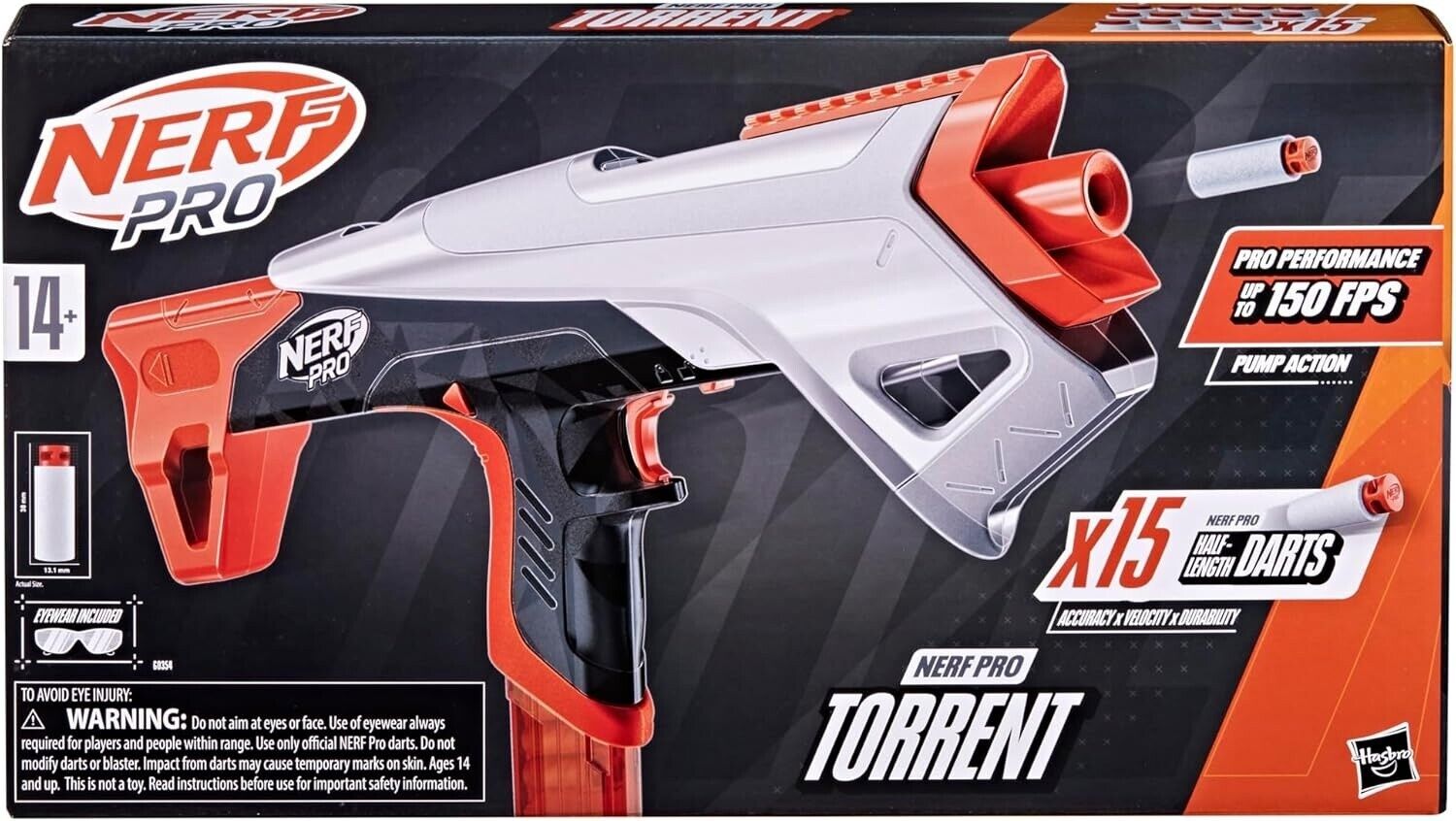 Nerf Pro Torrent Half-Length Blaster 15 Nerf Pro Half-Length Darts 150 FPS Pump