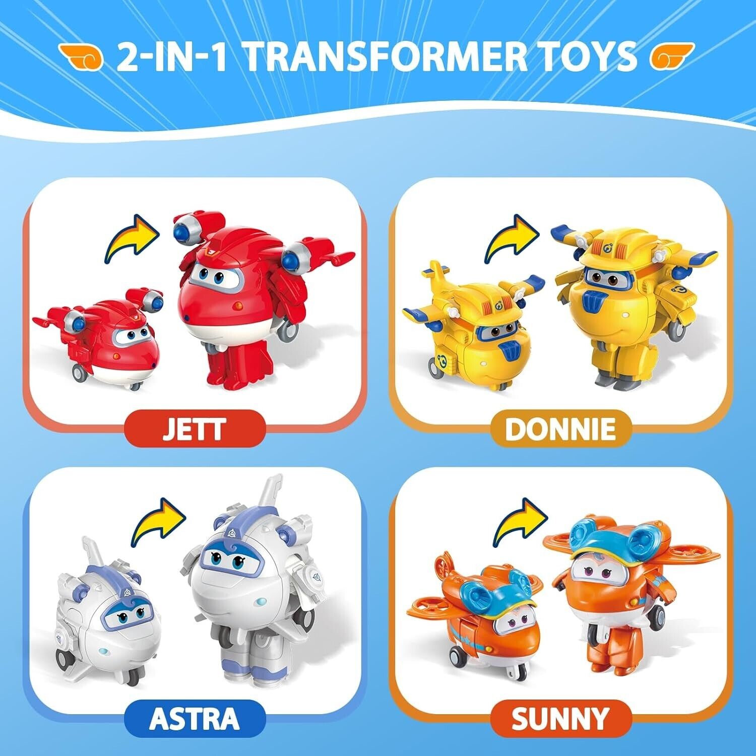 Super Wings 2" Transform-a-Bots 4-Pack Jett Donnie Astra Sunny Robot Plane Play