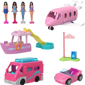 Barbie Mini BarbieLand 4 Pack Dolls Vehicles Set Color Change Toy Play Age 4PLUS